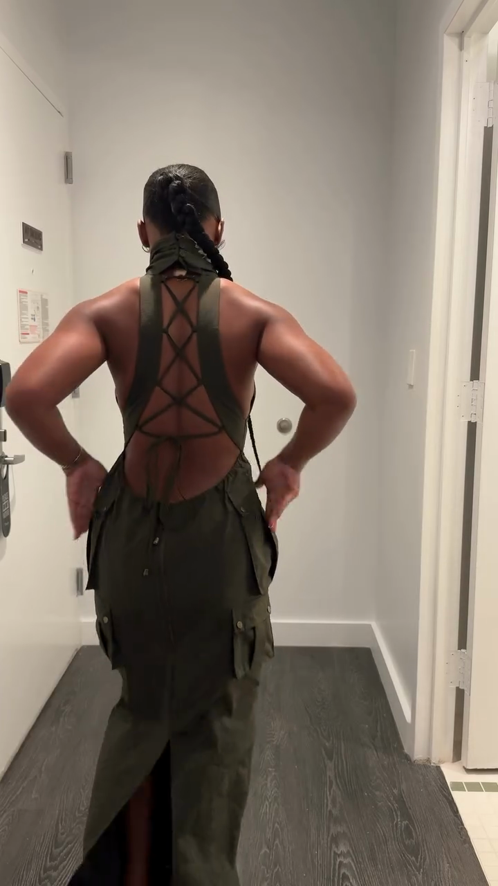 Olive Green Sleeveless High - Neck Maxi Dress-Mesadic