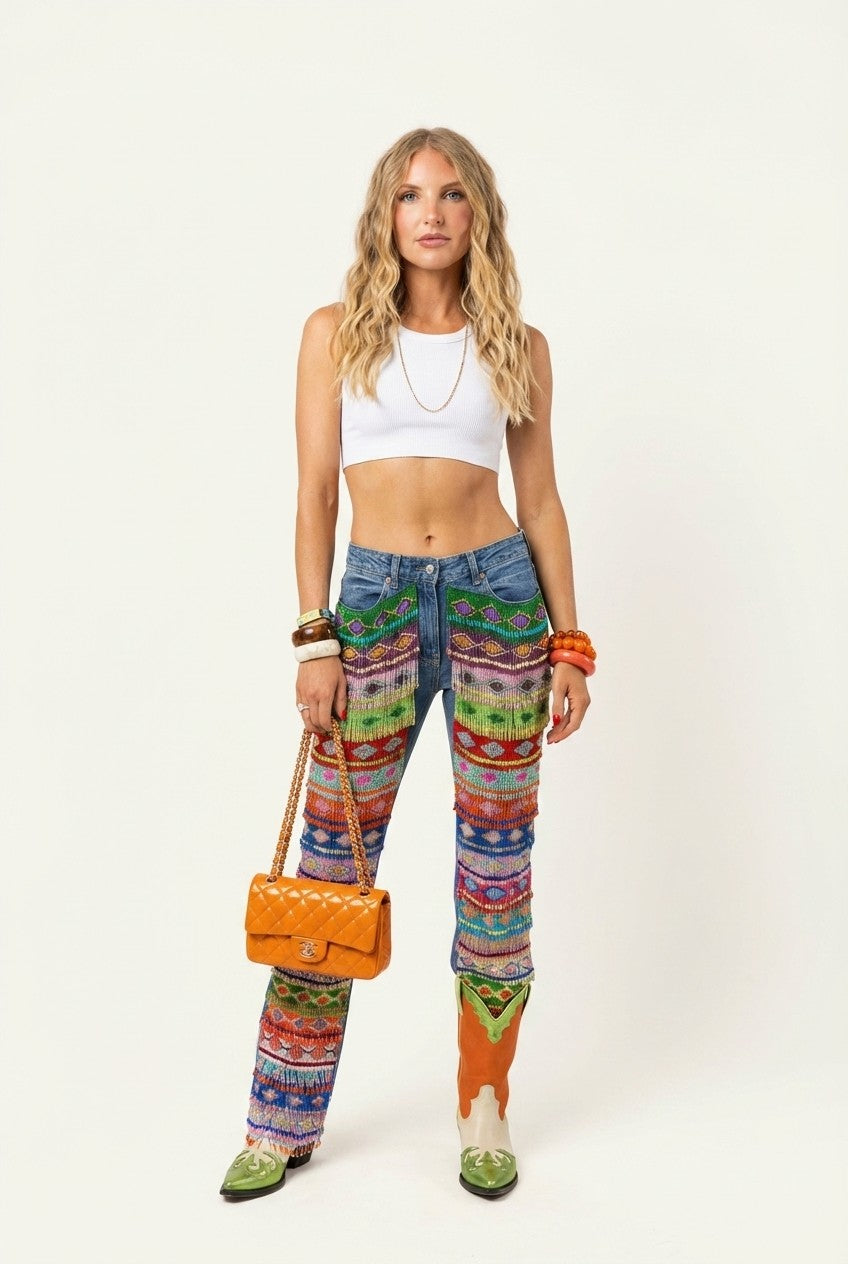 Multicolor Beaded Denim Jeans