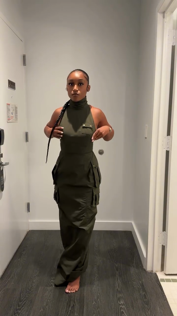 Olive Green Sleeveless High - Neck Maxi Dress-Mesadic