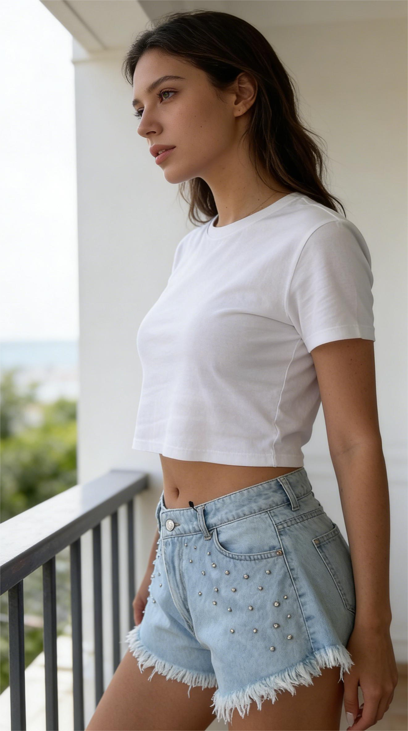 Light-colored washed denim studded shorts-Mesadic