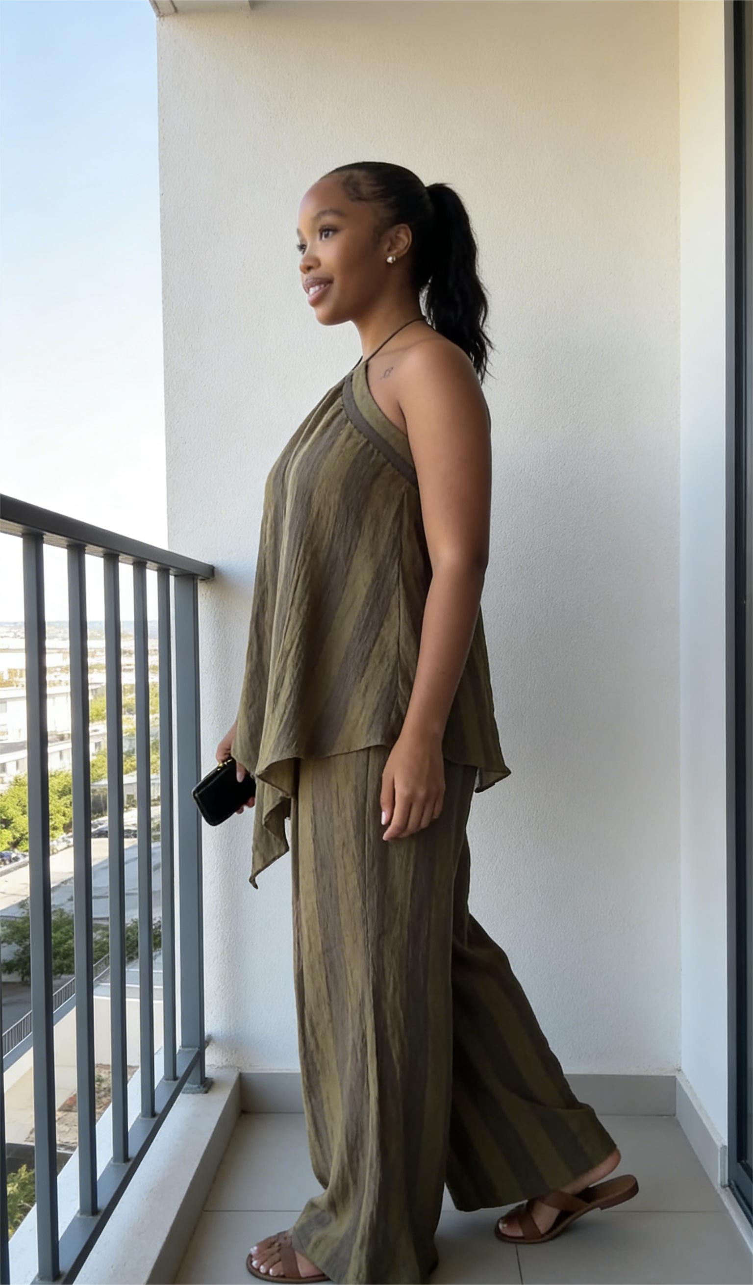 Olive green pleated backless top and wide-leg pants set-Mesadic
