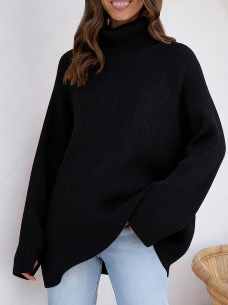 Black oversized turtleneck sweater and sheer long skirt set-Mesadic