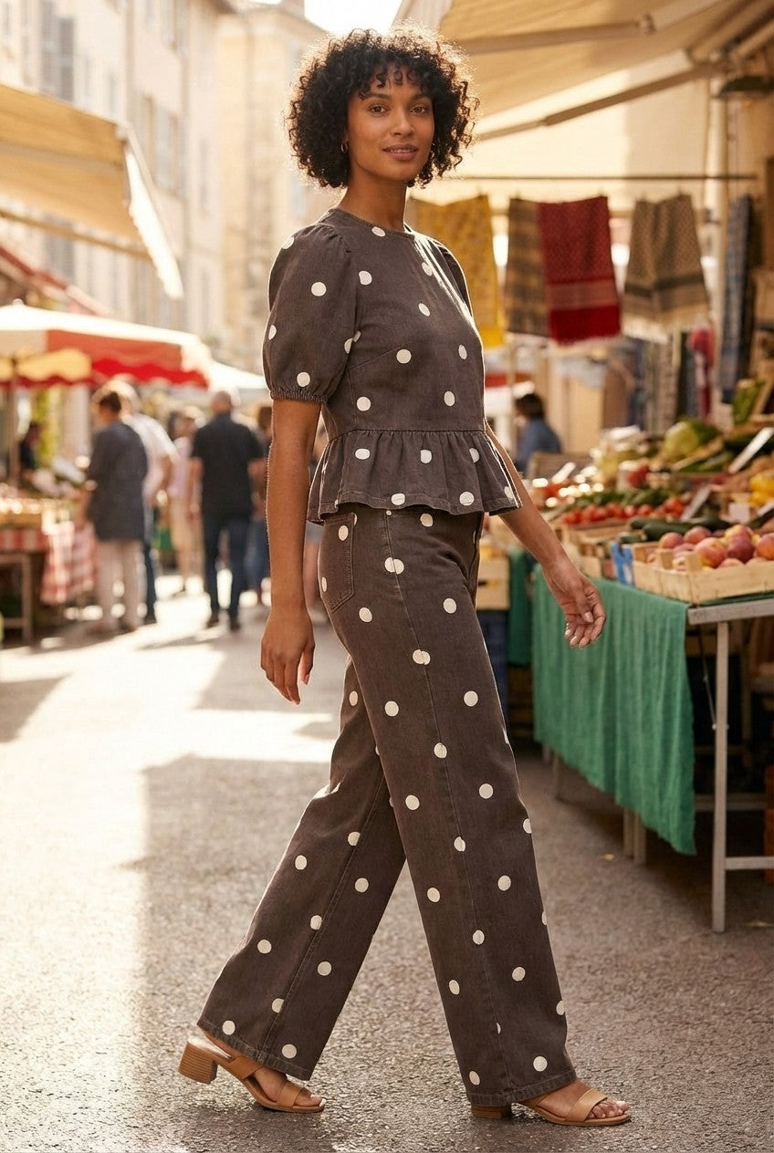 Women's Polka Dot Peplum Blouse and Wide Leg Pants Set