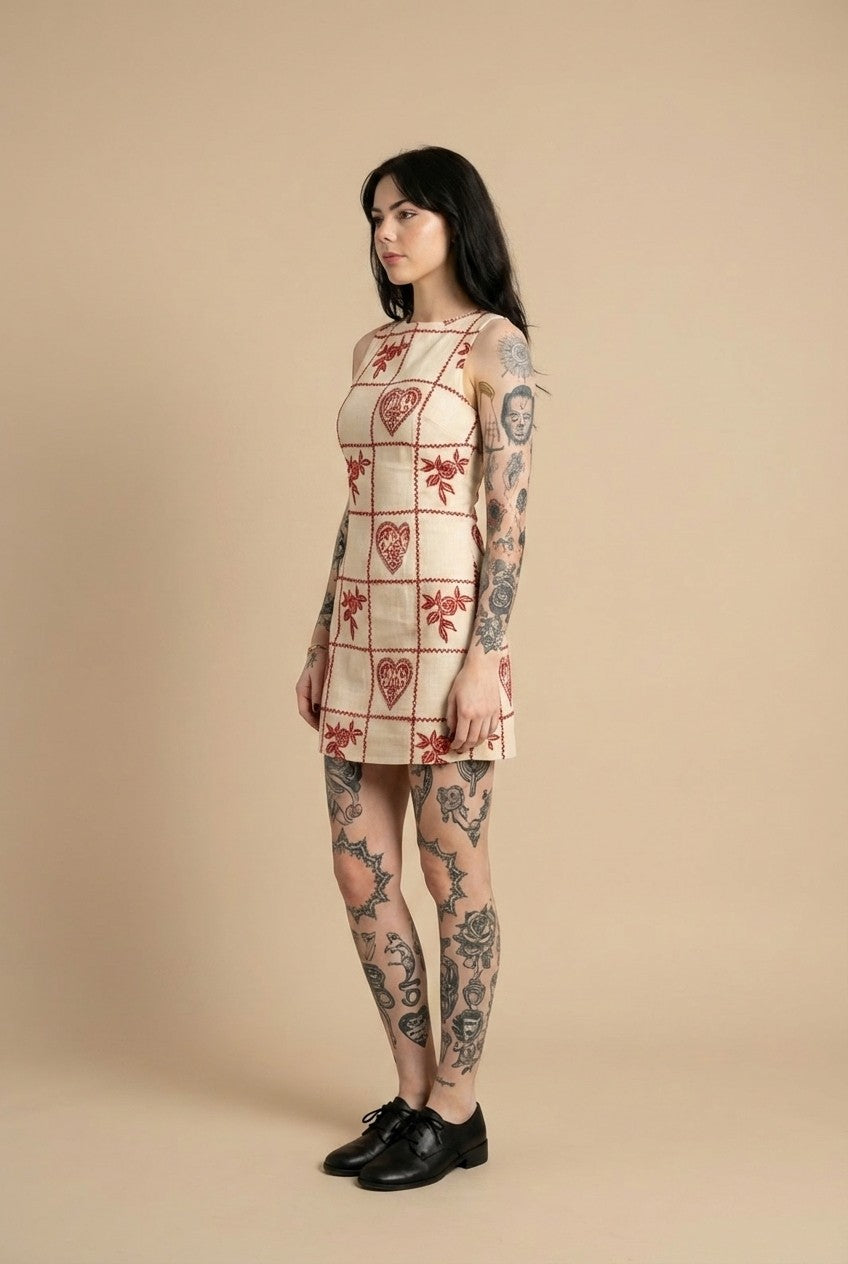 Embroidered Canvas Mini Dress Heart Rose Pattern Vintage Vibe