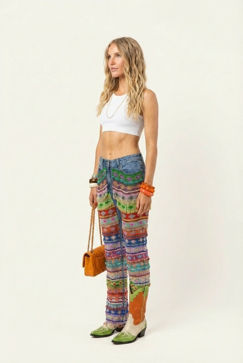 Multicolor Beaded Denim Jeans