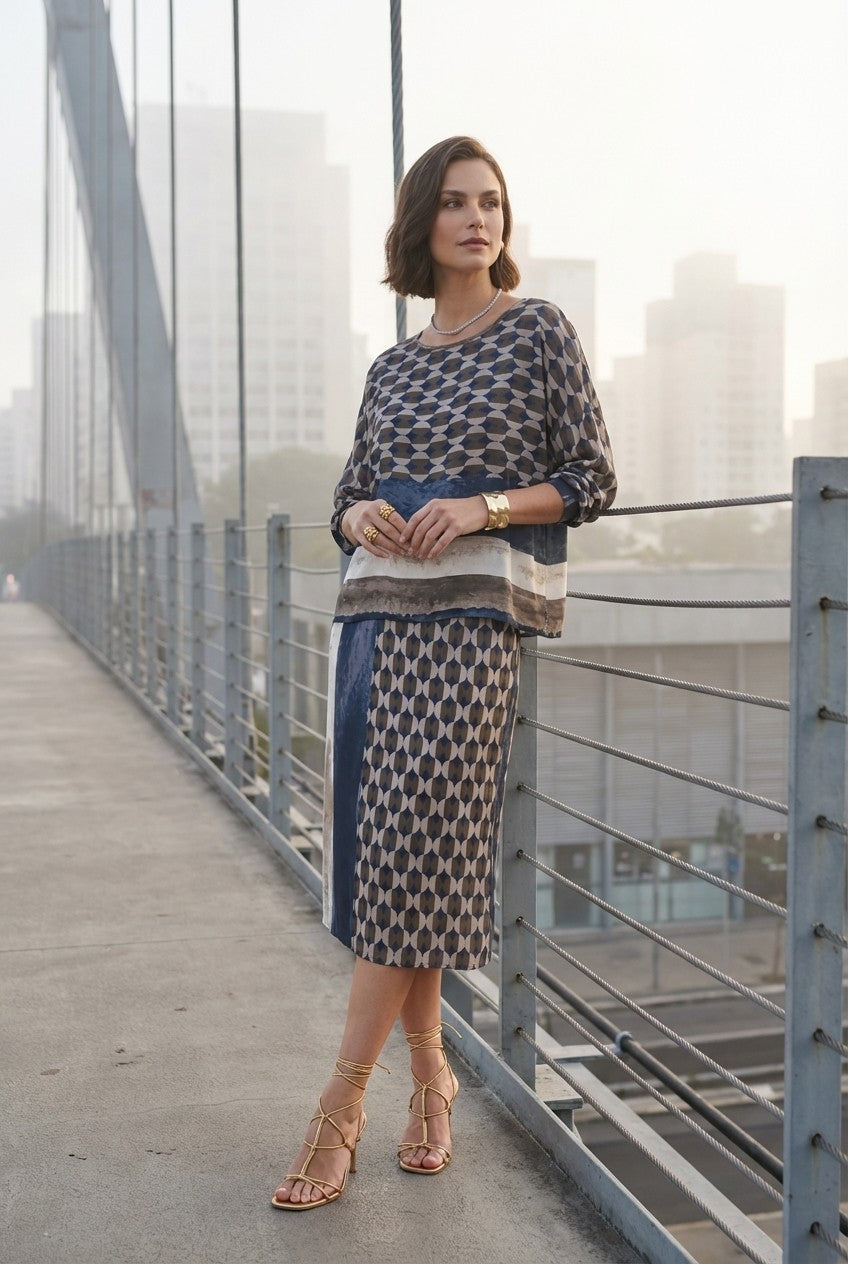 Abstract Print Blouse and Midi Skirt Set, Elegant Chic Style