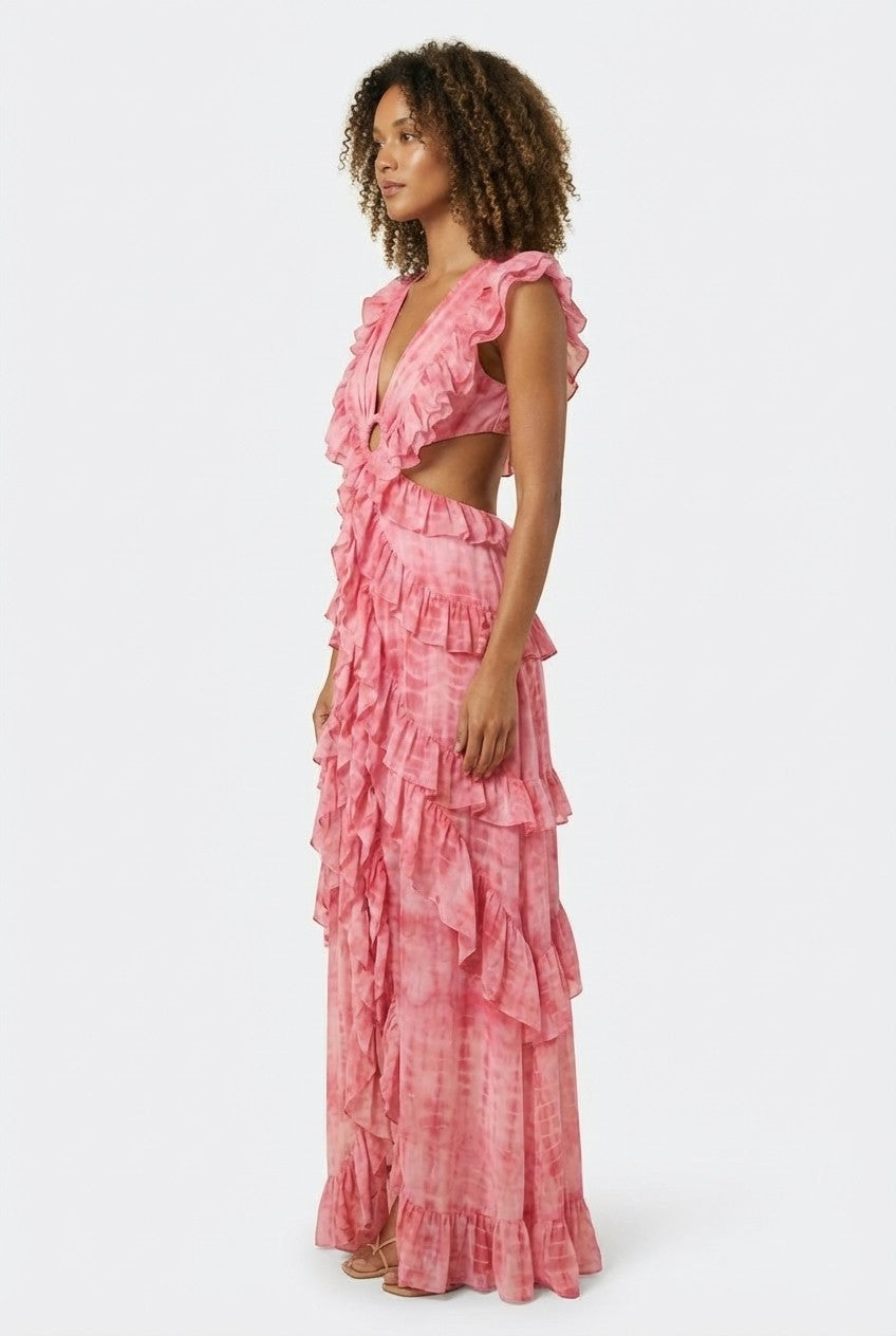 Pink Tie-Dye Ruffle Maxi Dress Ring Detail Cutout Vacation Gown