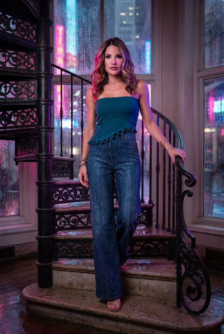 Ribbed Strapless Pom-Pom Top & Sequin Wide-Leg Denim Pants