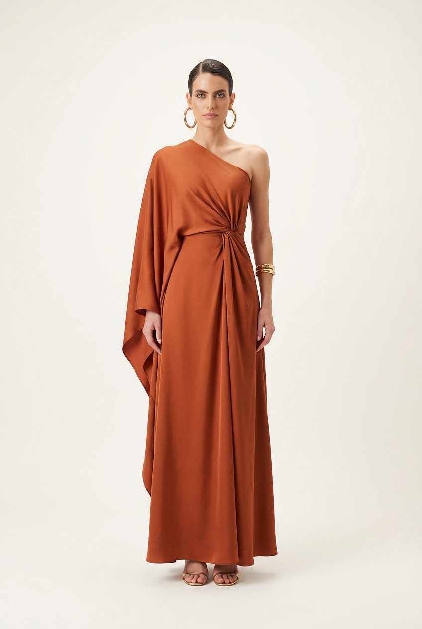 Terracotta-colored one-shoulder pleated maxi dress