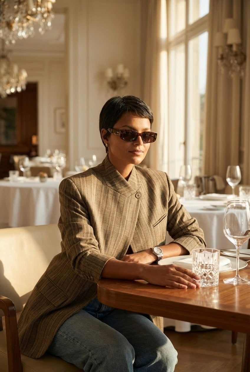 Textured Plaid Asymmetrical Blazer Stand Collar Tailored Jacket