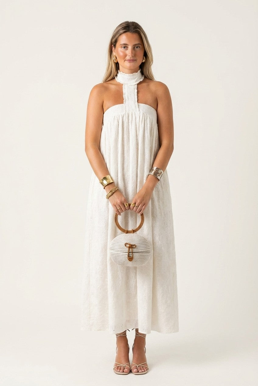 White Eyelet Cotton Halter Maxi Dress Flowy Summer Vacation Style