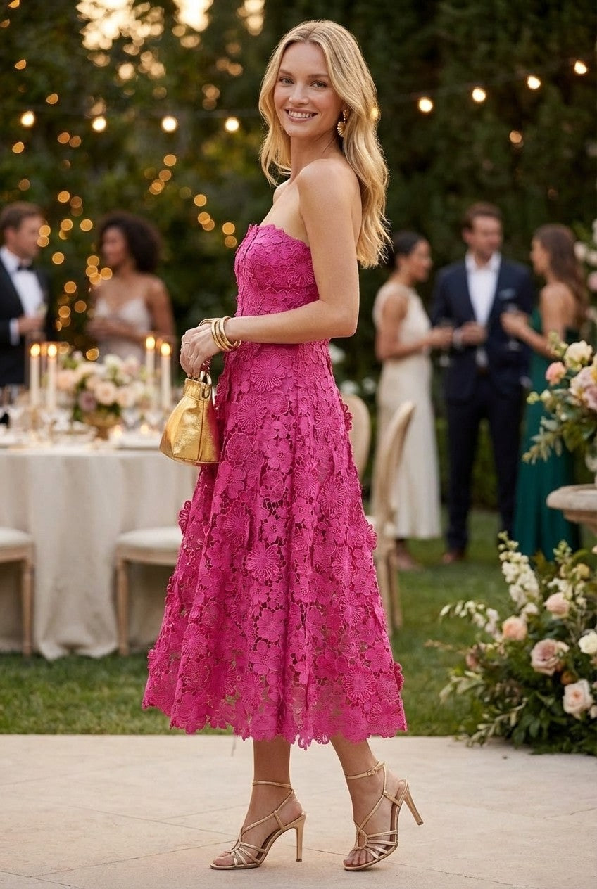 3D Floral Lace Strapless Midi Dress, Elegant A-Line Evening Style