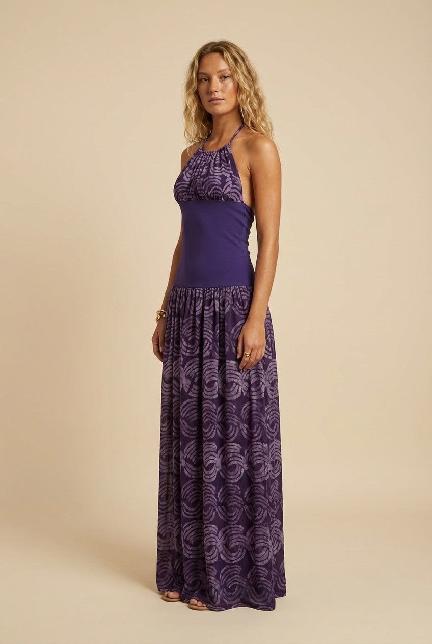 Halter Neck Printed Flowy Maxi Dress with Cinched Waist