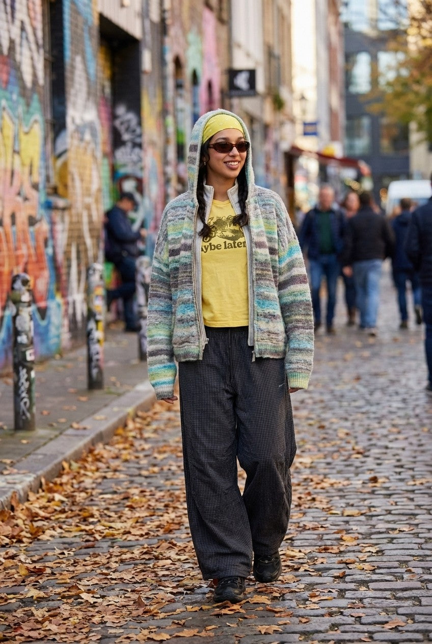 Space Dye Chunky Knit Zip-Up Hoodie Relaxed Cardigan