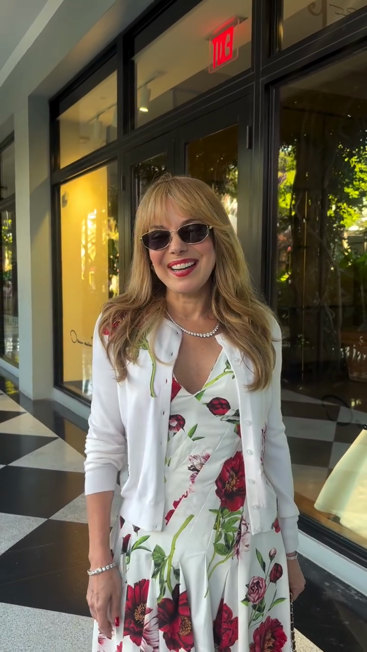 Red floral maxi dress and white knit cardigan set-Mesadic