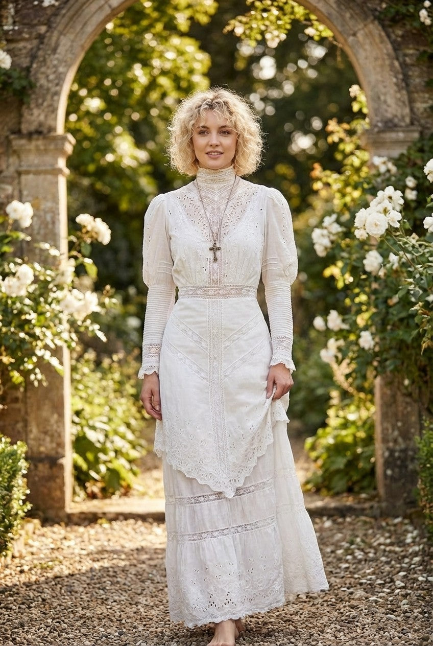 Women's Victorian Eyelet Lace Maxi Dress High Neck Romantic Vintage Style