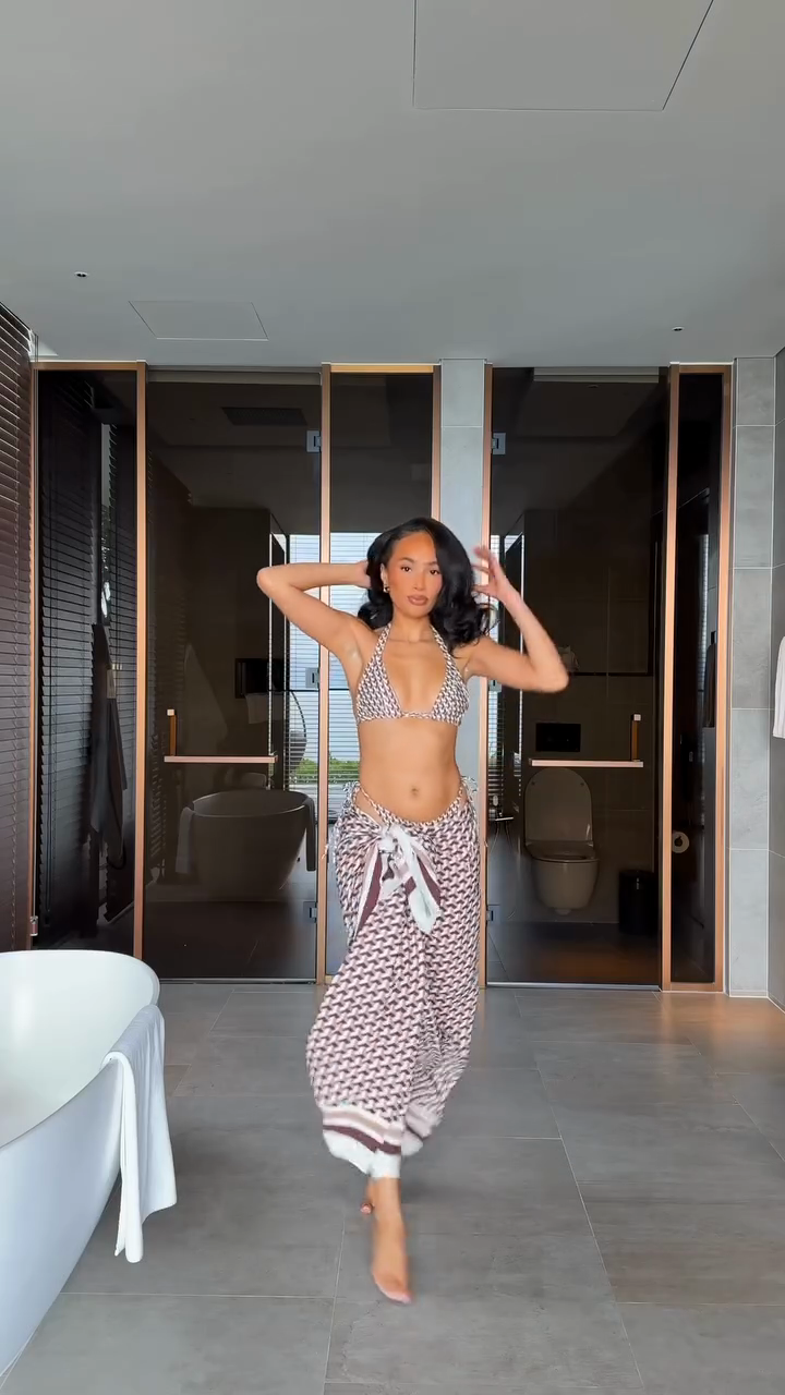 Brown and white geometric print bikini sarong set-Mesadic