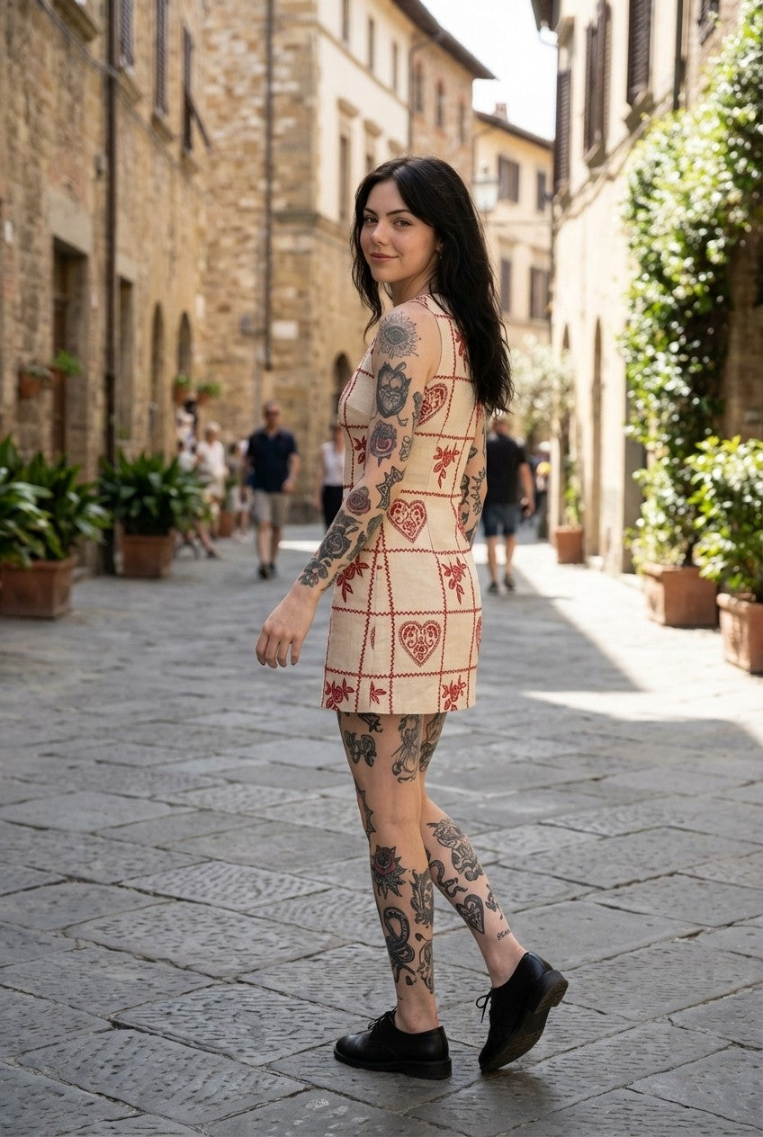 Embroidered Canvas Mini Dress Heart Rose Pattern Vintage Vibe