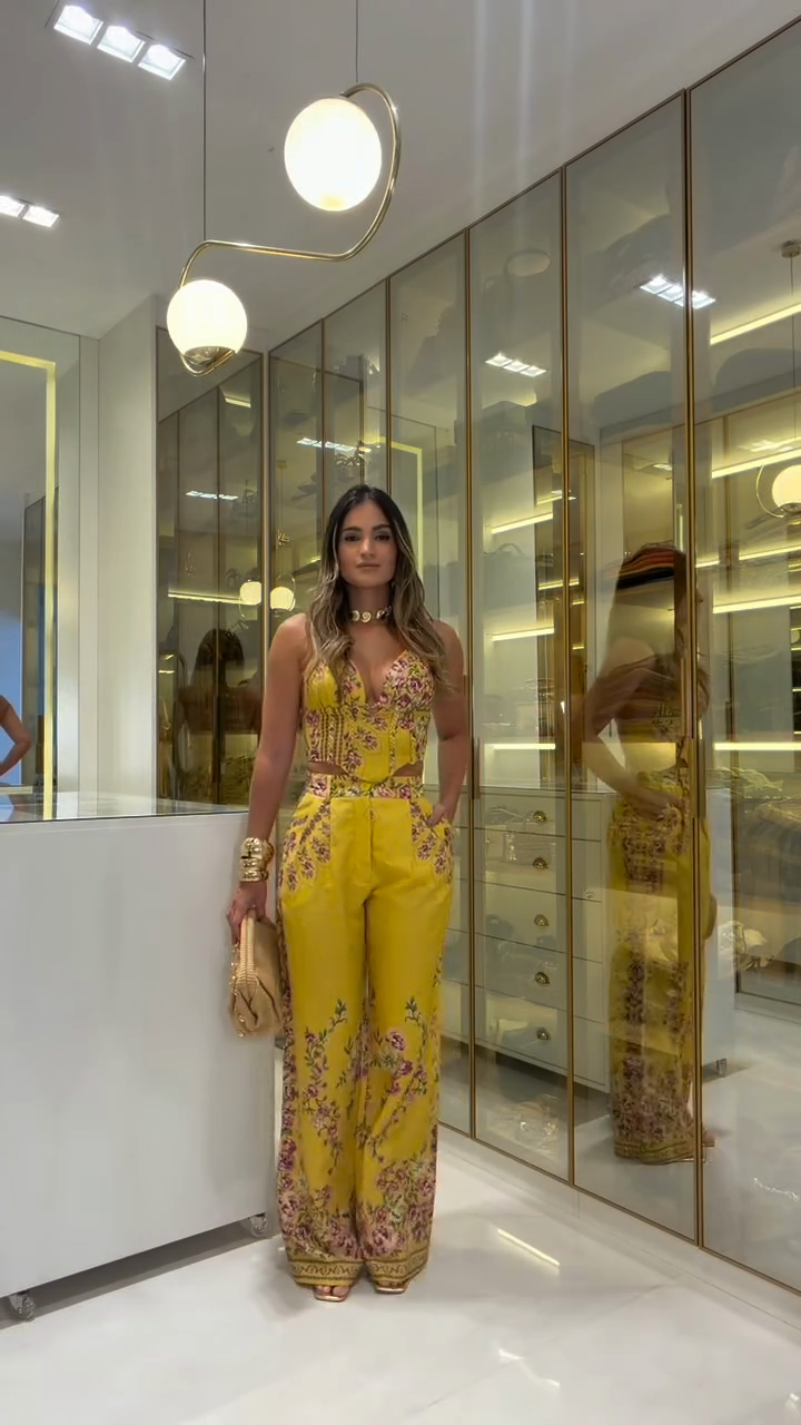 Gold floral print top and wide-leg pants set