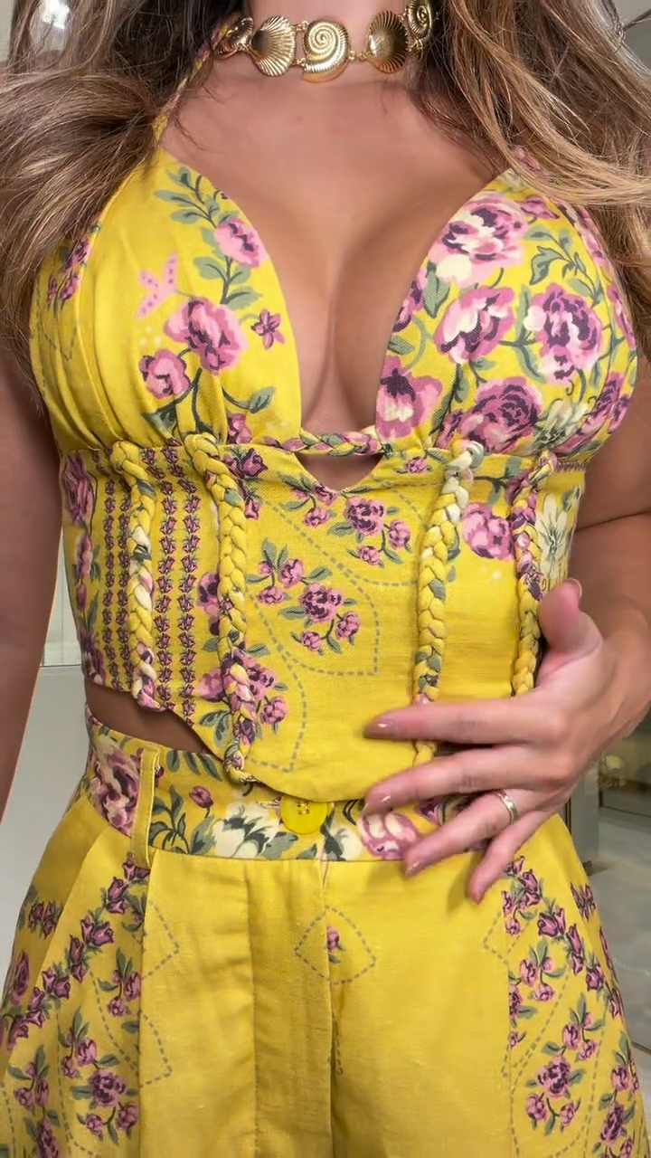 Gold floral print top and wide-leg pants set