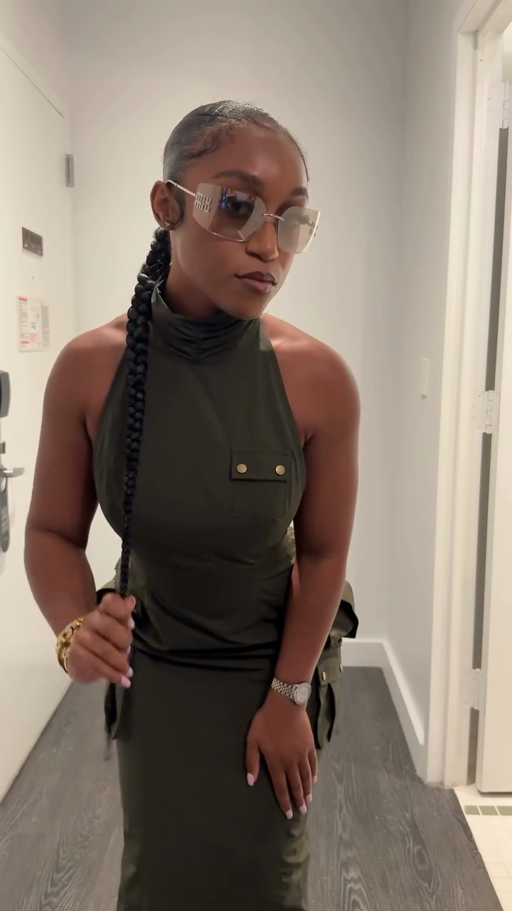 Olive Green Sleeveless High - Neck Maxi Dress-Mesadic