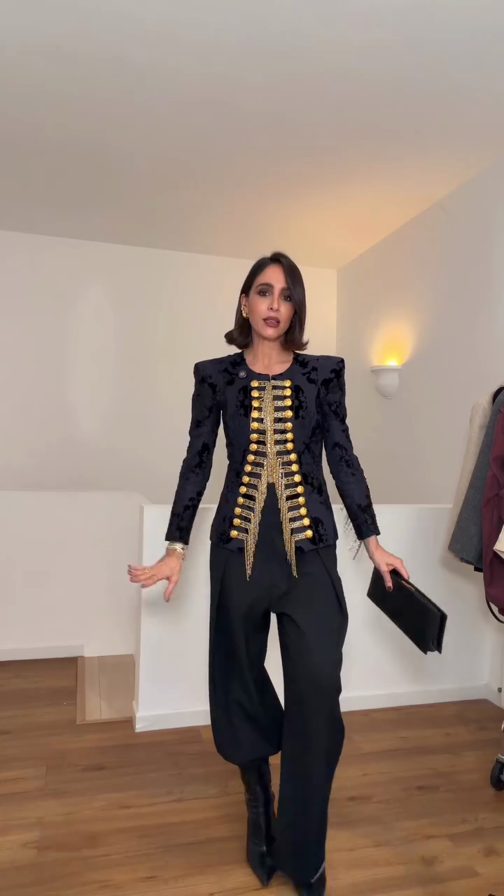 Black velvet military-style embellished suit jacket-Mesadic