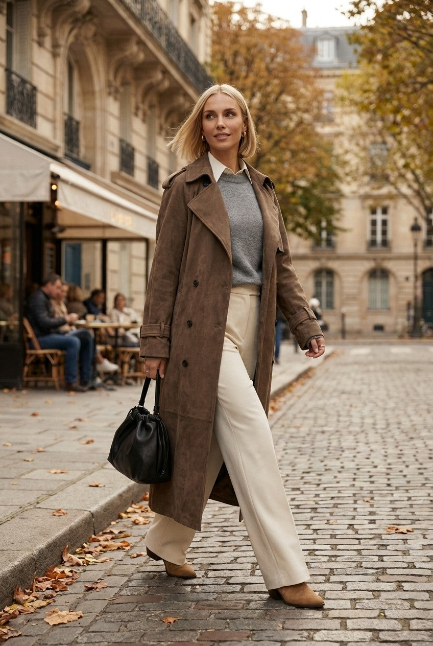 Soft Suede Trench Coat Double Breasted Long Classic Outerwear