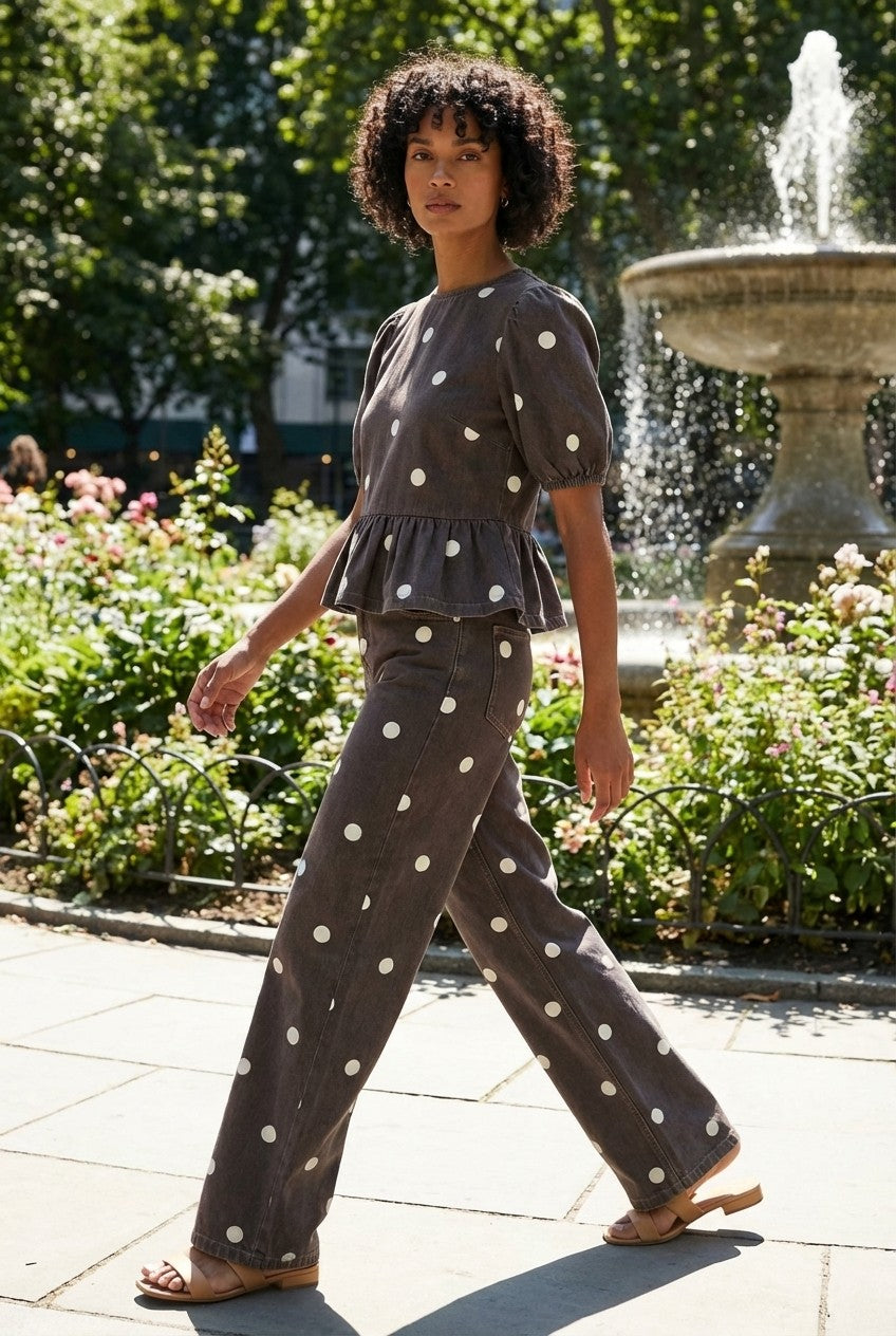 Women's Polka Dot Peplum Blouse and Wide Leg Pants Set