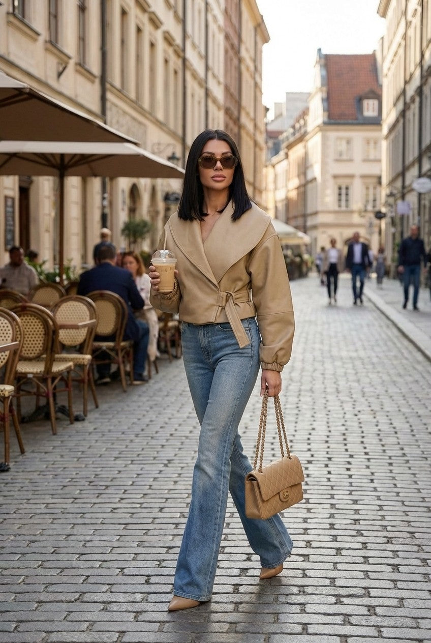 Faux Leather Wrap Jacket Cropped Belted Chic Outerwear