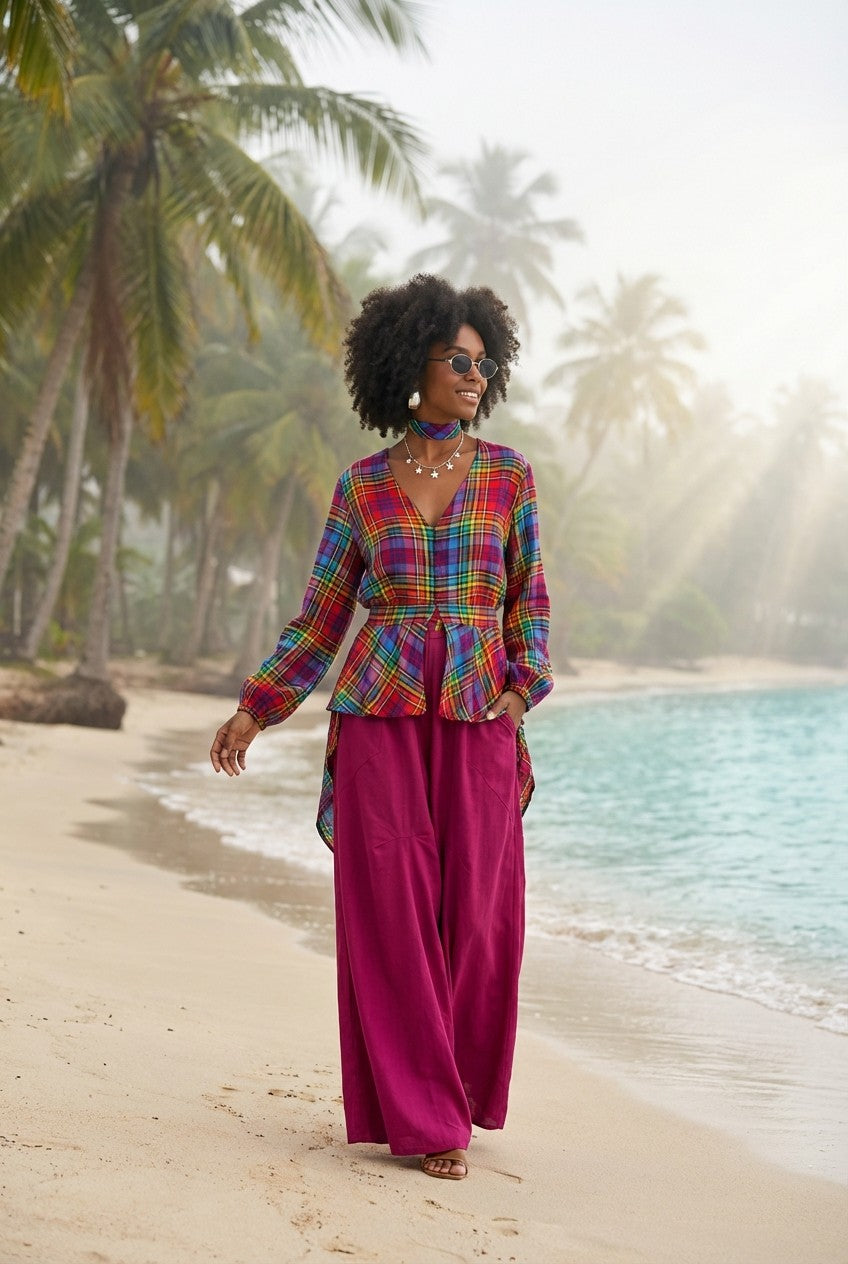 Women's Rainbow Plaid V-Neck Peplum Blouse and Wide Leg Pants Set