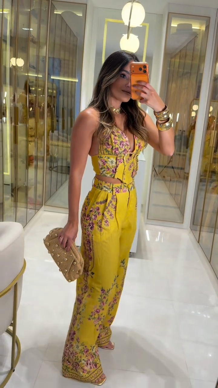 Gold floral print top and wide-leg pants set