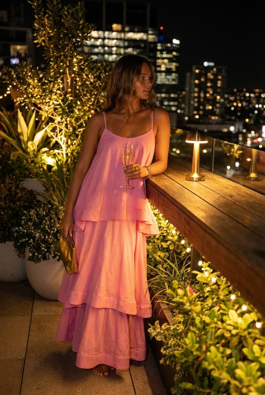 Blossom Pink Tiered Maxi Dress Flowy Spaghetti Strap Resort Style