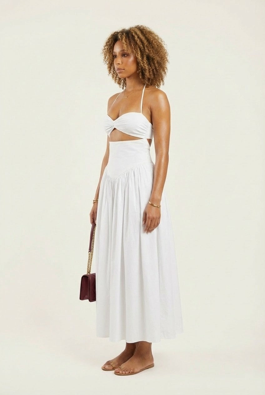 Women's White Cotton Halter Cut-Out Midi Dress Flowy Summer Vibe