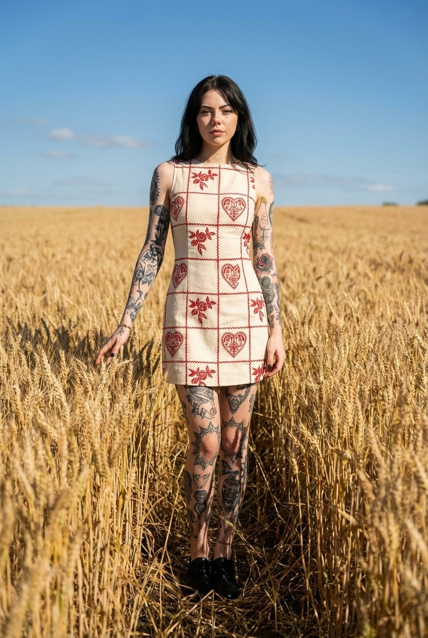 Embroidered Canvas Mini Dress Heart Rose Pattern Vintage Vibe