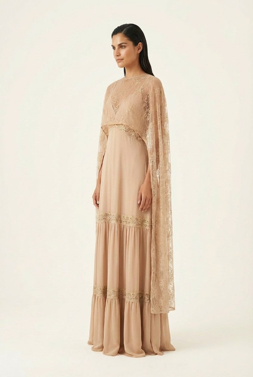 Floral Lace Cape Maxi Dress Flowing Tiered Formal Gown