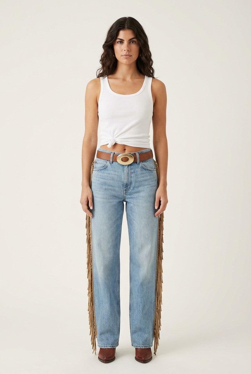 Light Wash Fringed Jeans Straight Leg Western Boho Style