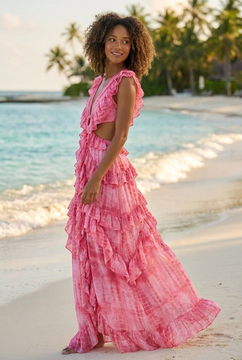 Pink Tie-Dye Ruffle Maxi Dress Ring Detail Cutout Vacation Gown