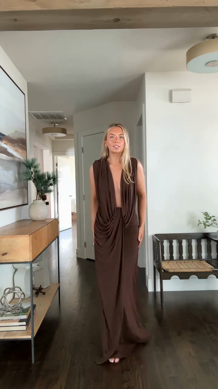 Chocolate brown tie-waist deep V-neck long dress-Mesadic