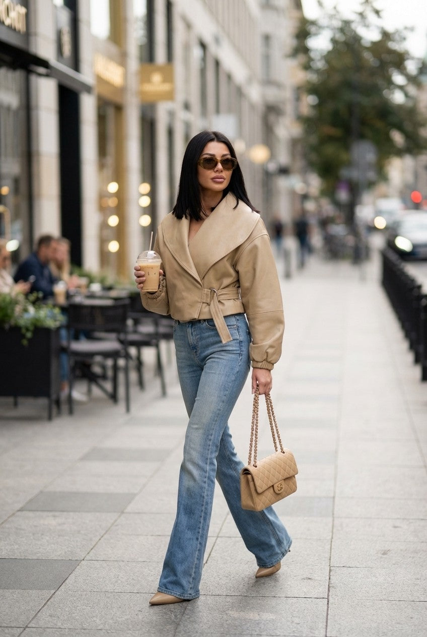 Faux Leather Wrap Jacket Cropped Belted Chic Outerwear