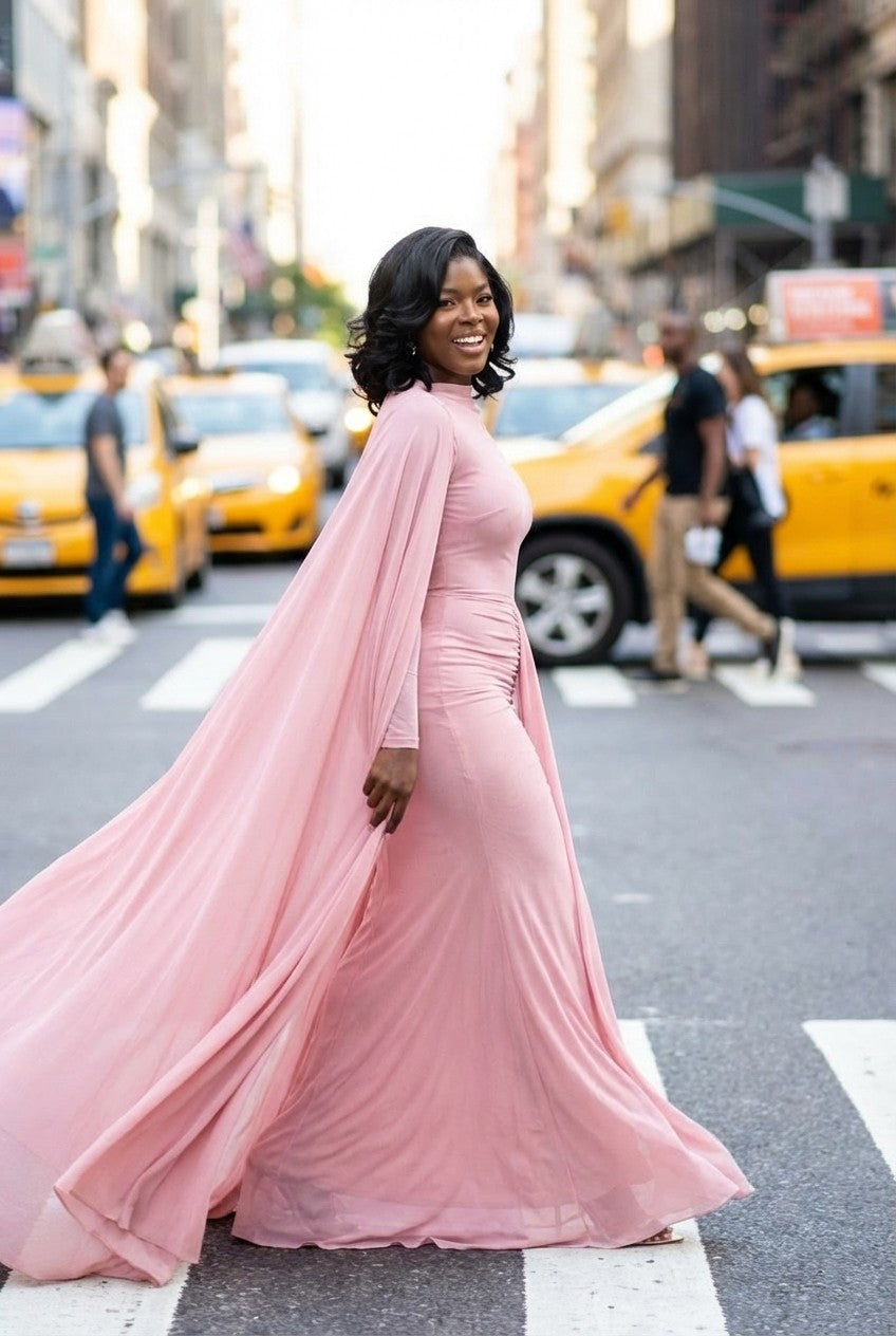 Ruched Mesh Floor-Length Gown with Cape Sleeves Evening Dress