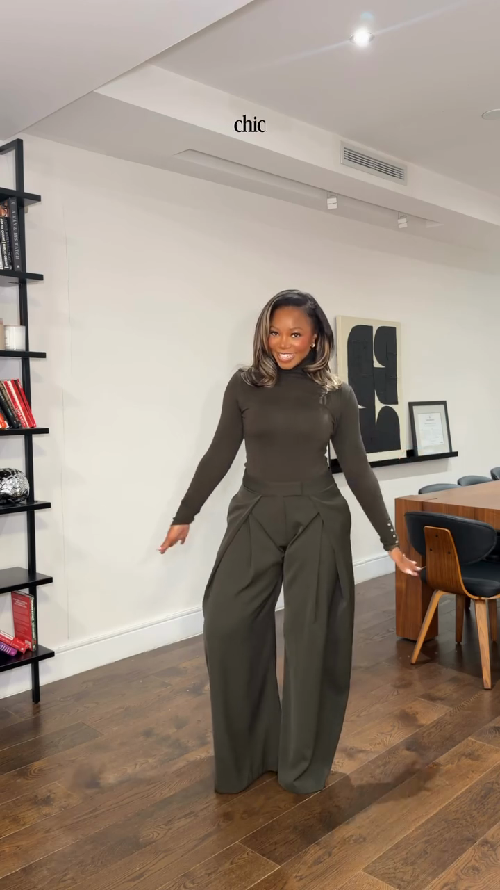 Dark olive green fitted turtleneck top and pleated wide-leg pants suit-Mesadic