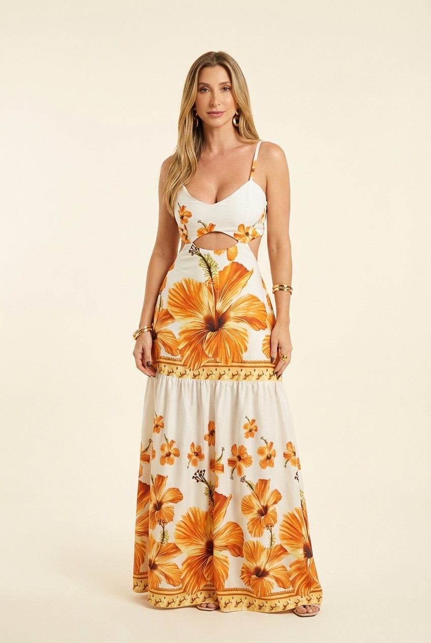 White and orange hibiscus flower cutout long dress