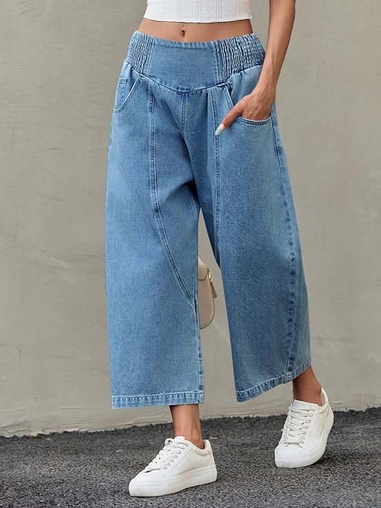 Dark blue stretch waist lantern pants-Mesadic