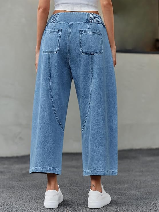 Dark blue stretch waist lantern pants-Mesadic