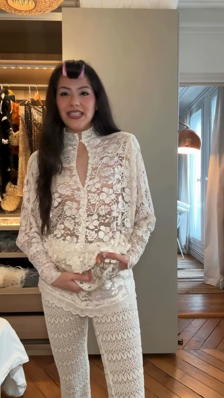 Ivory floral lace top and crochet flared pants set-Mesadic