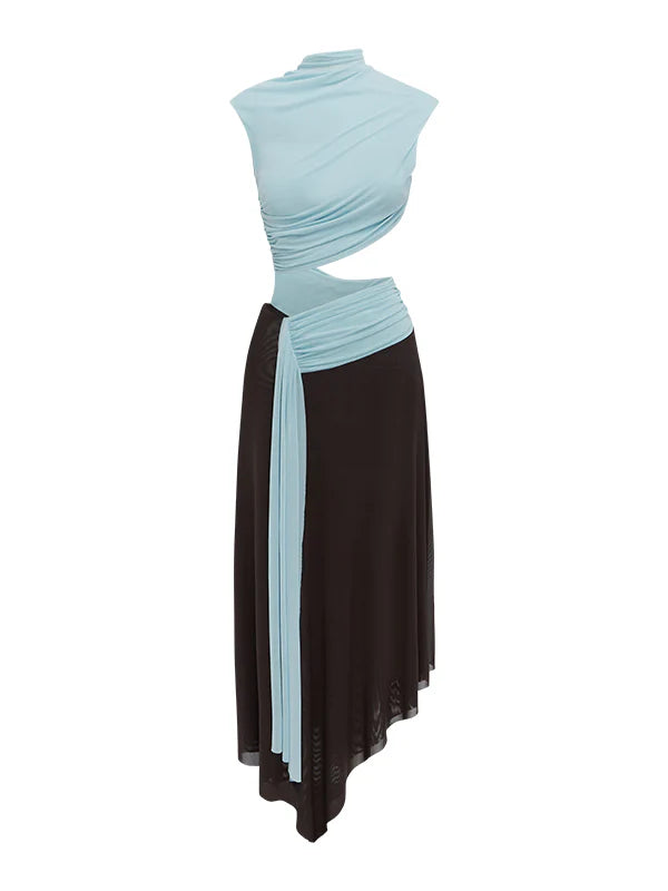 Sky blue and chocolate brown pleated dress-Mesadic