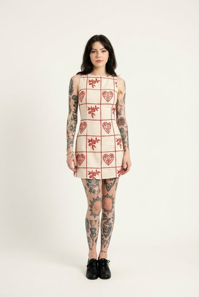Embroidered Canvas Mini Dress Heart Rose Pattern Vintage Vibe