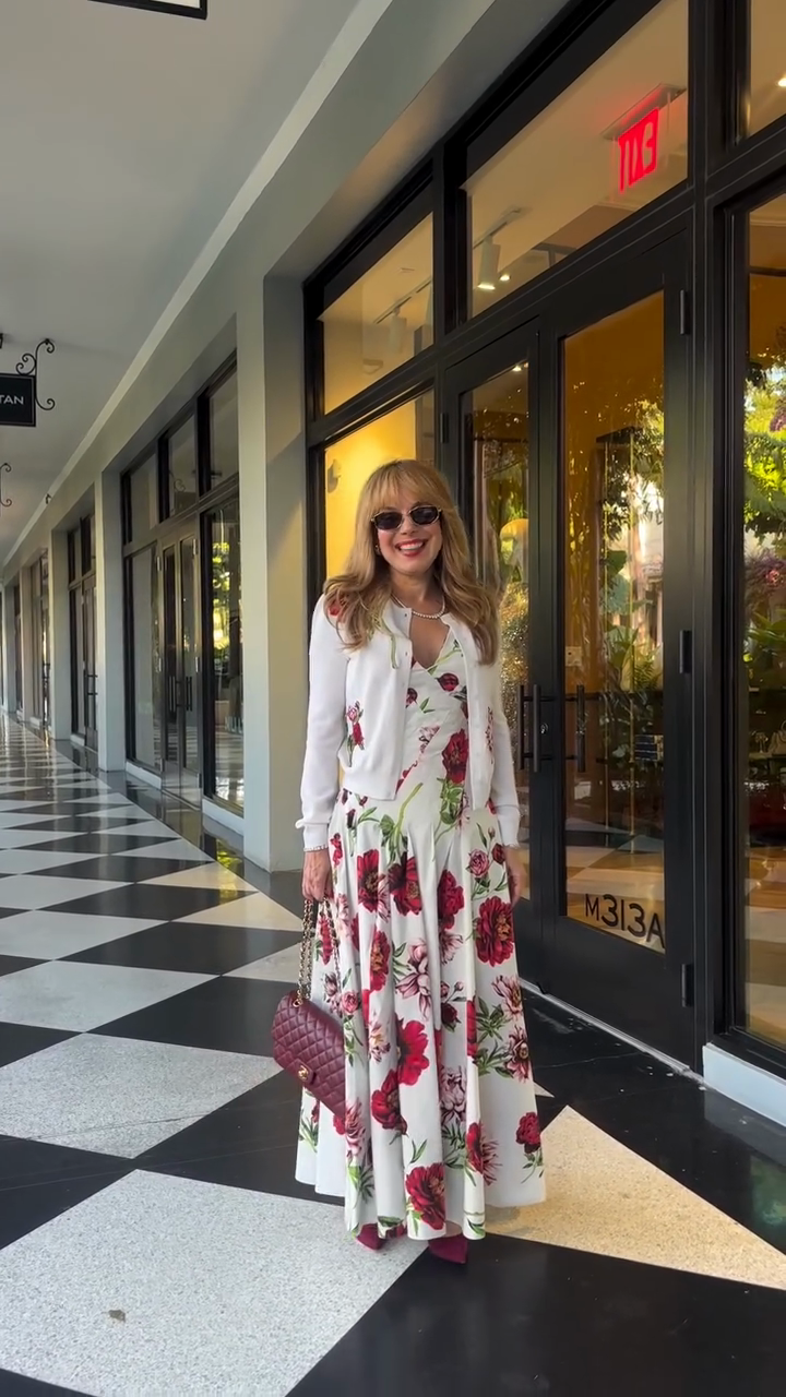Red floral maxi dress and white knit cardigan set-Mesadic