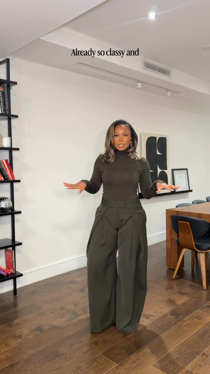 Dark olive green fitted turtleneck top and pleated wide-leg pants suit-Mesadic