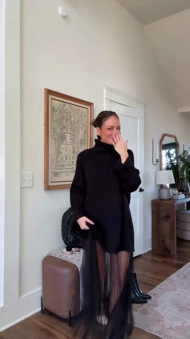 Black oversized turtleneck sweater and sheer long skirt set-Mesadic